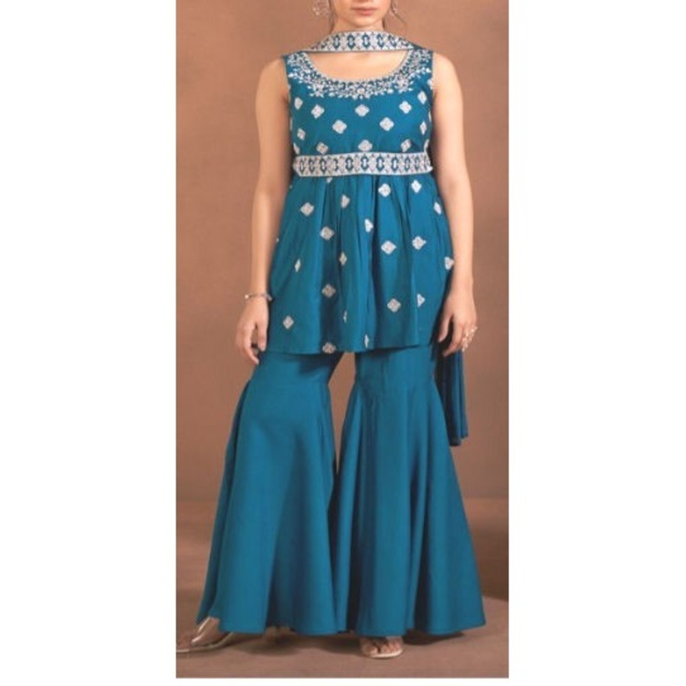 Anouk Floral Embroidered Raw Silk Kurta Sharara Dupatta Set - Turquoise - Medium